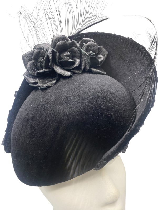 Stunning black velvet large teardrop headpiece with an ostrich feather detail to finish.